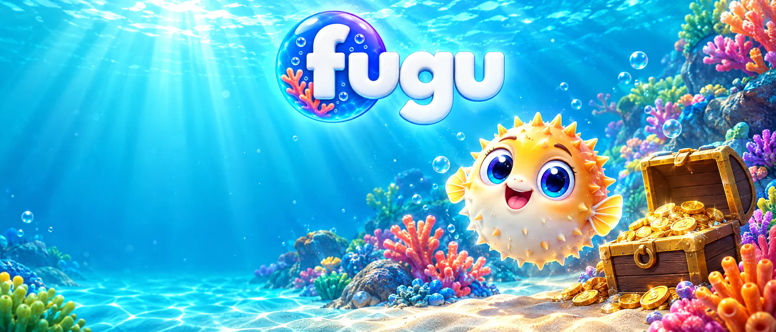 Fugu Casino mit Kugelfisch und Schatztruhe in einer Unterwasserlandschaft